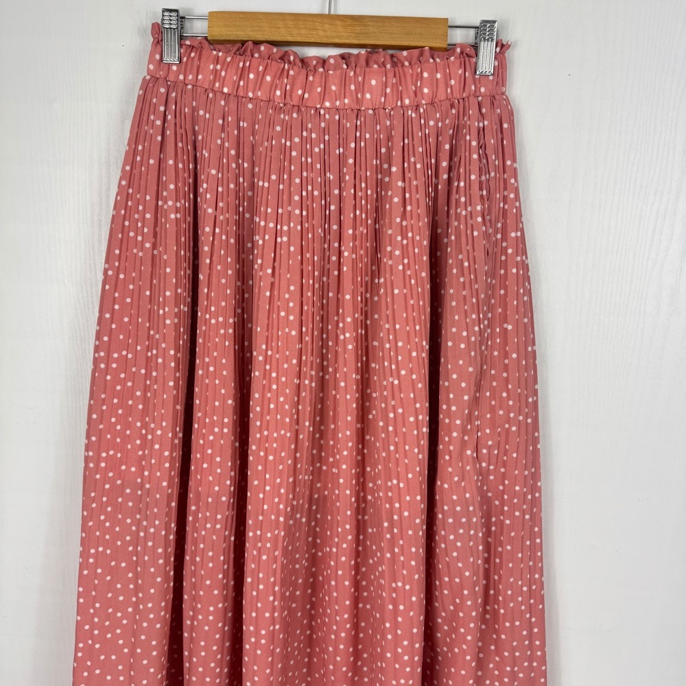 Exlura Women Pink Polka Dot Pleated Midi Skirt Elastic High Waist Pockets Size M - Picture 3 of 11